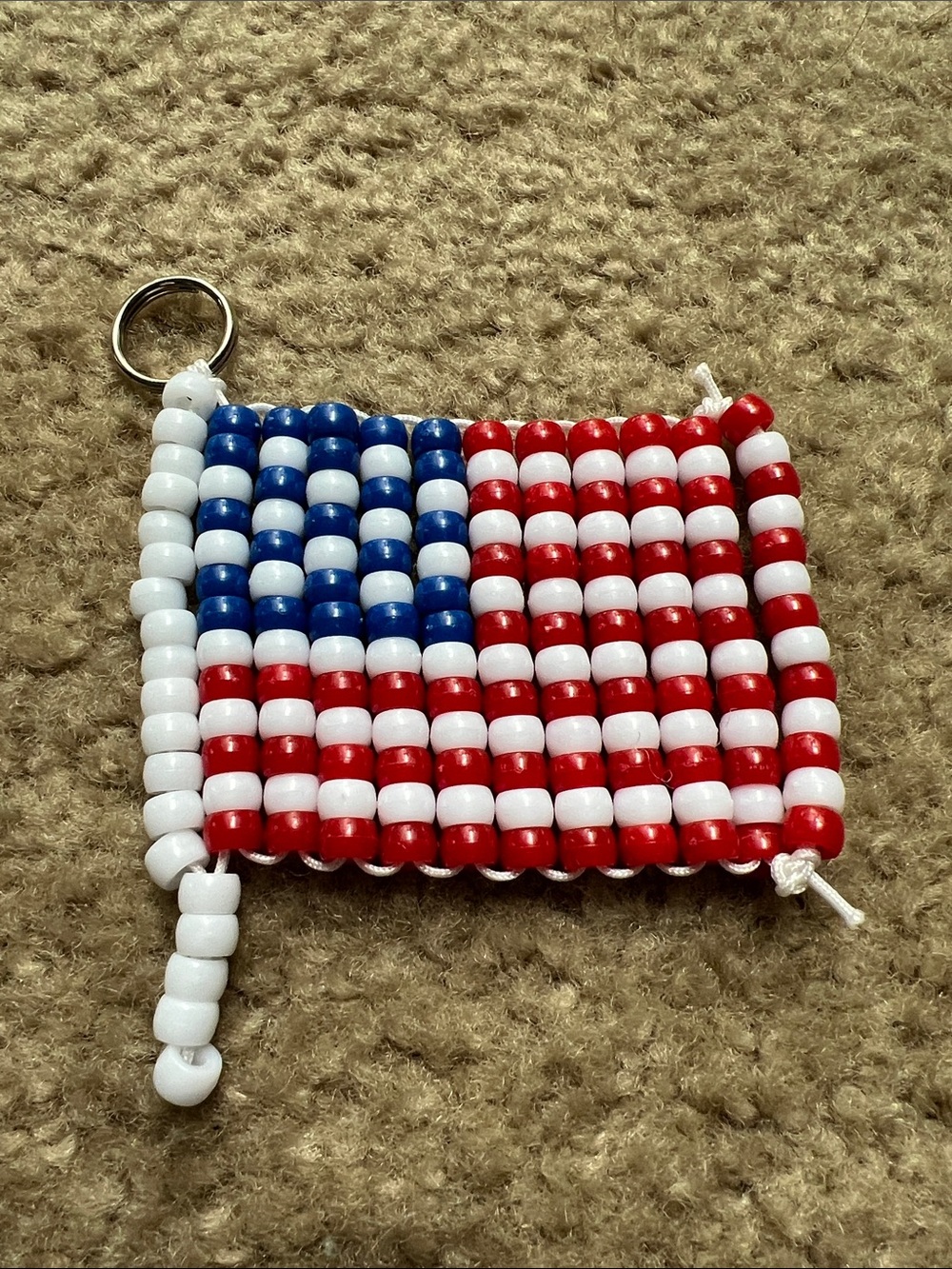 Handmade Handcrafted Beaded American Flag Keychain Red White Blue USA July 4th